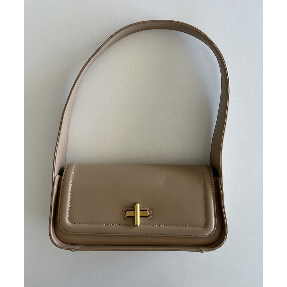 Rachel Zoe Tan Taupe Smooth Shoulder Bag Women's Baguette Flap Gold Twist Lock